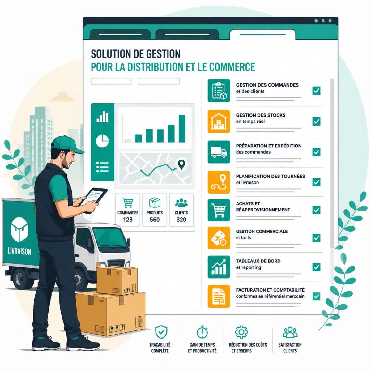 Ecran de gestion pour la distribution : gestion des commandes et des clients, stocks en temps reel, preparation et expedition, planification des tournees, achats et reapprovisionnement, gestion commerciale et tarifs, tableaux de bord, facturation conforme au referentiel marocain
