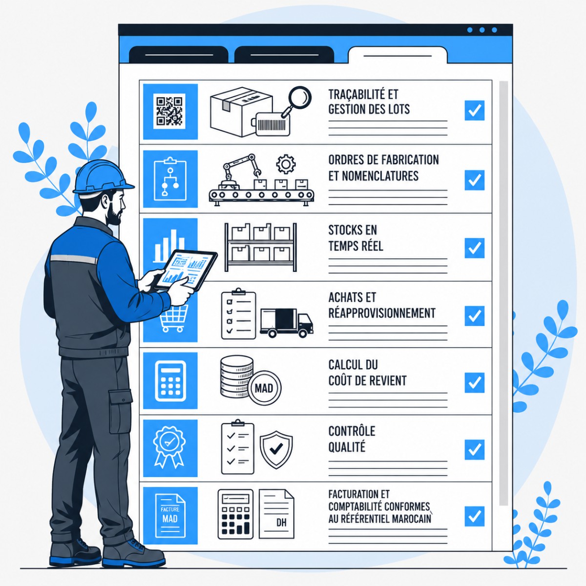 Ecran de gestion industrielle : tracabilite et gestion des lots, ordres de fabrication et nomenclatures, stocks en temps reel, achats et reapprovisionnement, calcul du cout de revient, controle qualite, facturation conforme au referentiel marocain