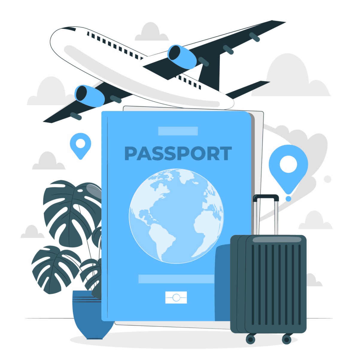 Illustration d'une agence de voyage : passeport, avion et bagage, dans la palette du site